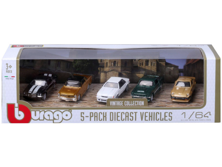 5-Pack Diecast Cars Set - Chevrolet, Pontiac, Ford, Ford, Datsun - 1:64