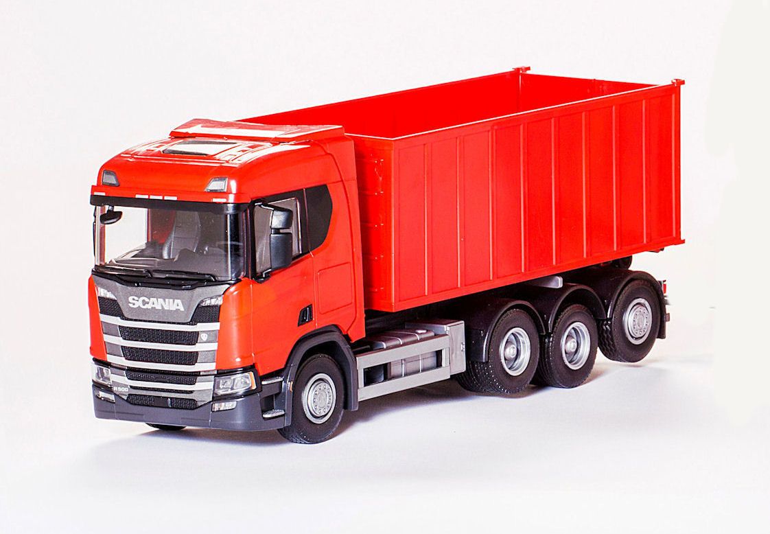 Scania CR 8x4 with Drop-Off Container Red - 1:25