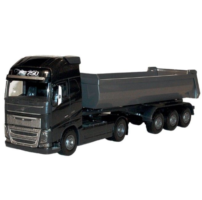 Volvo FH16 4x2 Zwart met 3-As Kieptrailer Zilver - 1:25