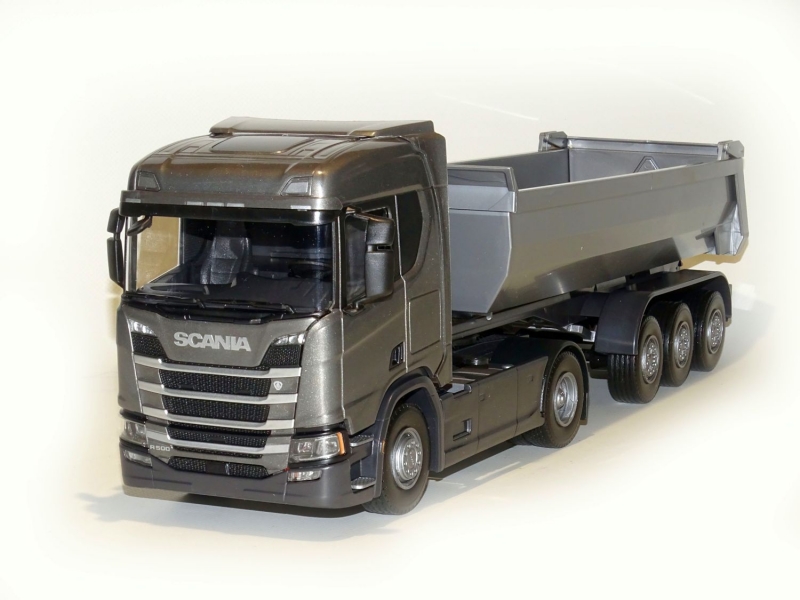 Scania R500 Next Generation 4x2 Grijs met 3-As Kieper Zilver - 1:25