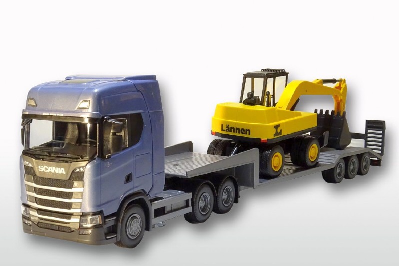 Scania S 6x4 Blauw met Dieplader en Wielkraan - 1:25