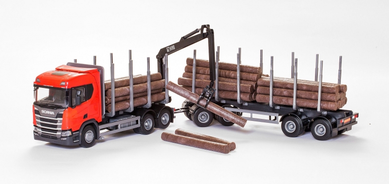 Scania R450 6x4 Rood Hout Transporter en Kraan met Cabine met 4-as Houttransport trailer - 1:25