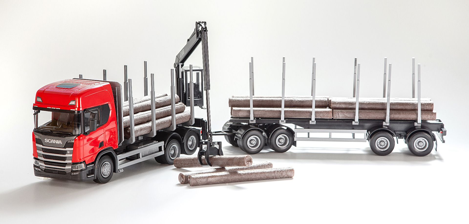 Scania CR 20H 6x4 Red Log Transporter and Crane with Cab with 4-axle Logtransport Trailer - 1:25