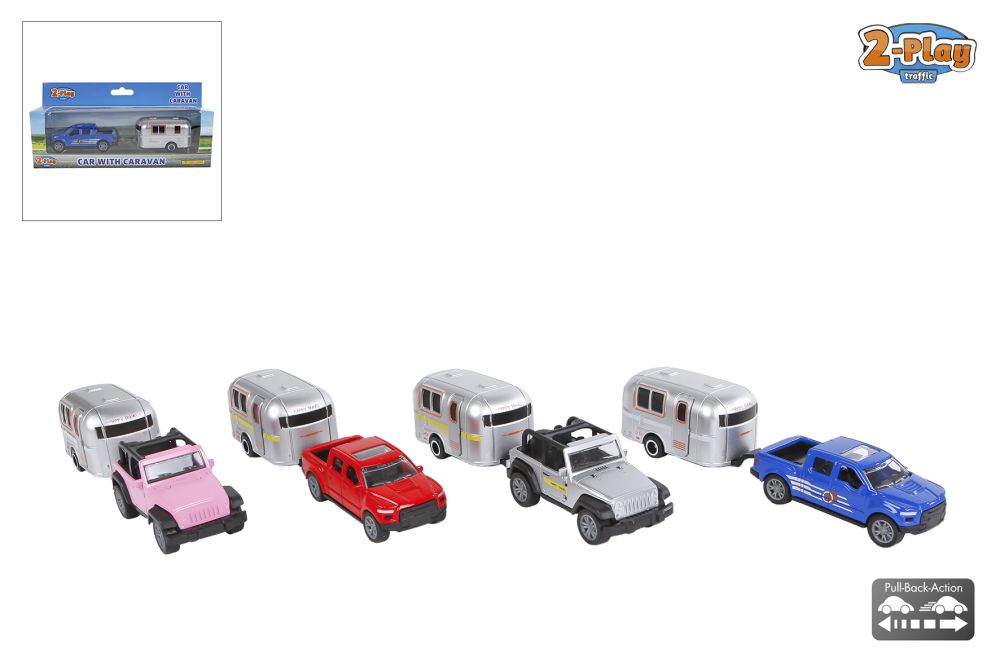 2-Play Assorti Auto met Caravan 16,5cm Set 4 stuks