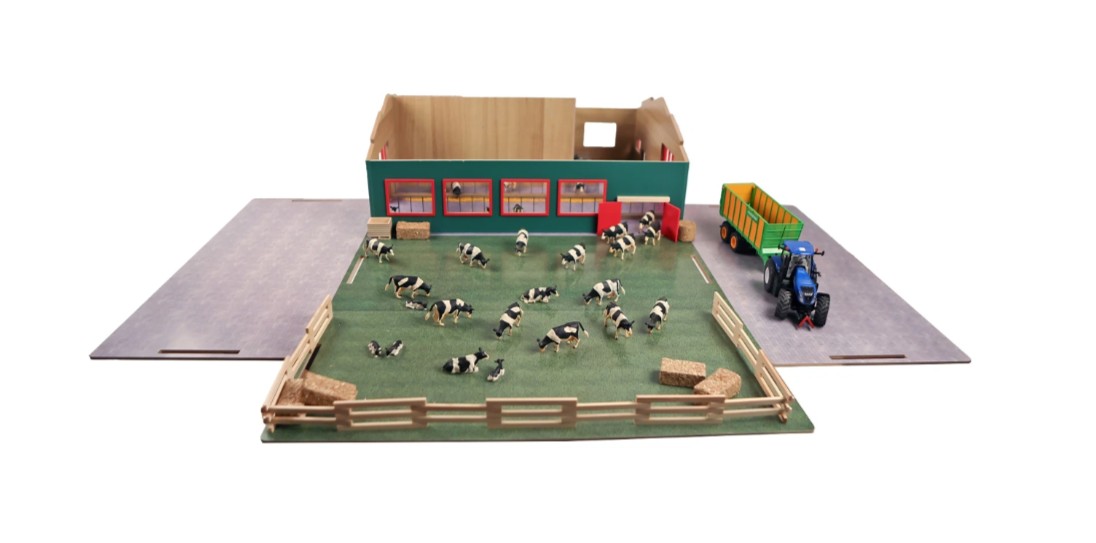 Loopstal met berging en weiland 75x68x28cm - 1:32